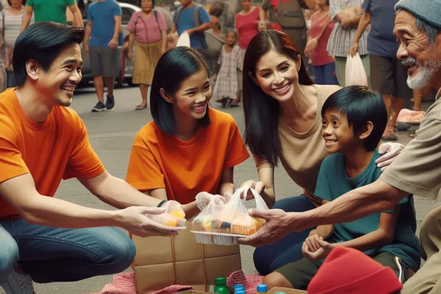 Filipino family with 3 kids, 2 wearing orange shirts, giving packed lunch to homeless.webp