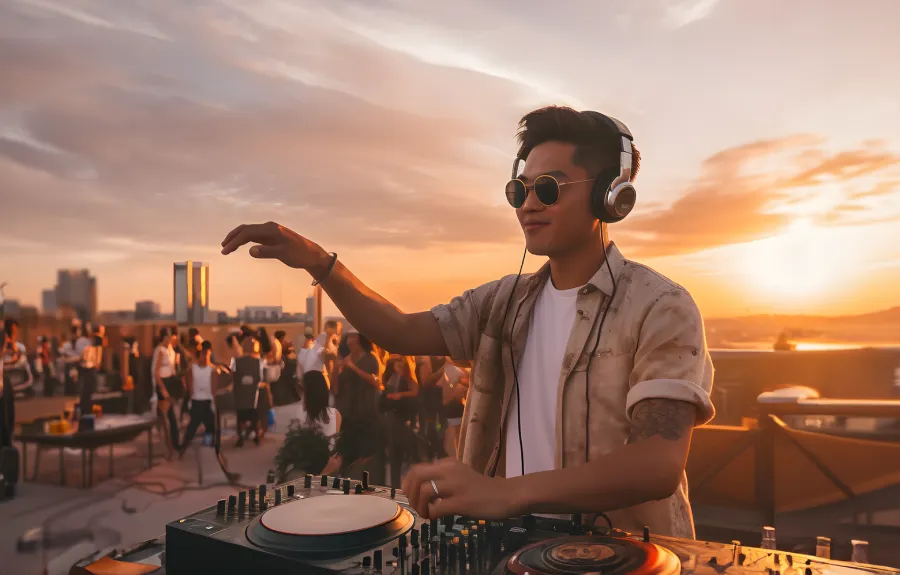 Young_male_DG_playing_beats_on_top_of_a_rooftop_stage_during_sunset_with_a_crowd_(1).webp