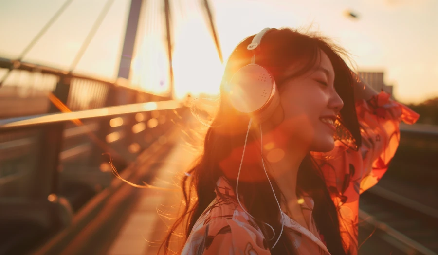 Woman_with_headphones_dancing_and_walking_along_the_bridge_during_sunset.webp
