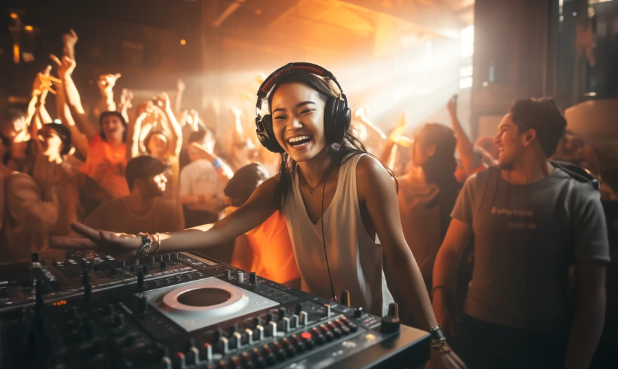 Young_female_DJ_playing_music_in_a_warehouse_with_sunlight_beams_through_the_window_(2).webp